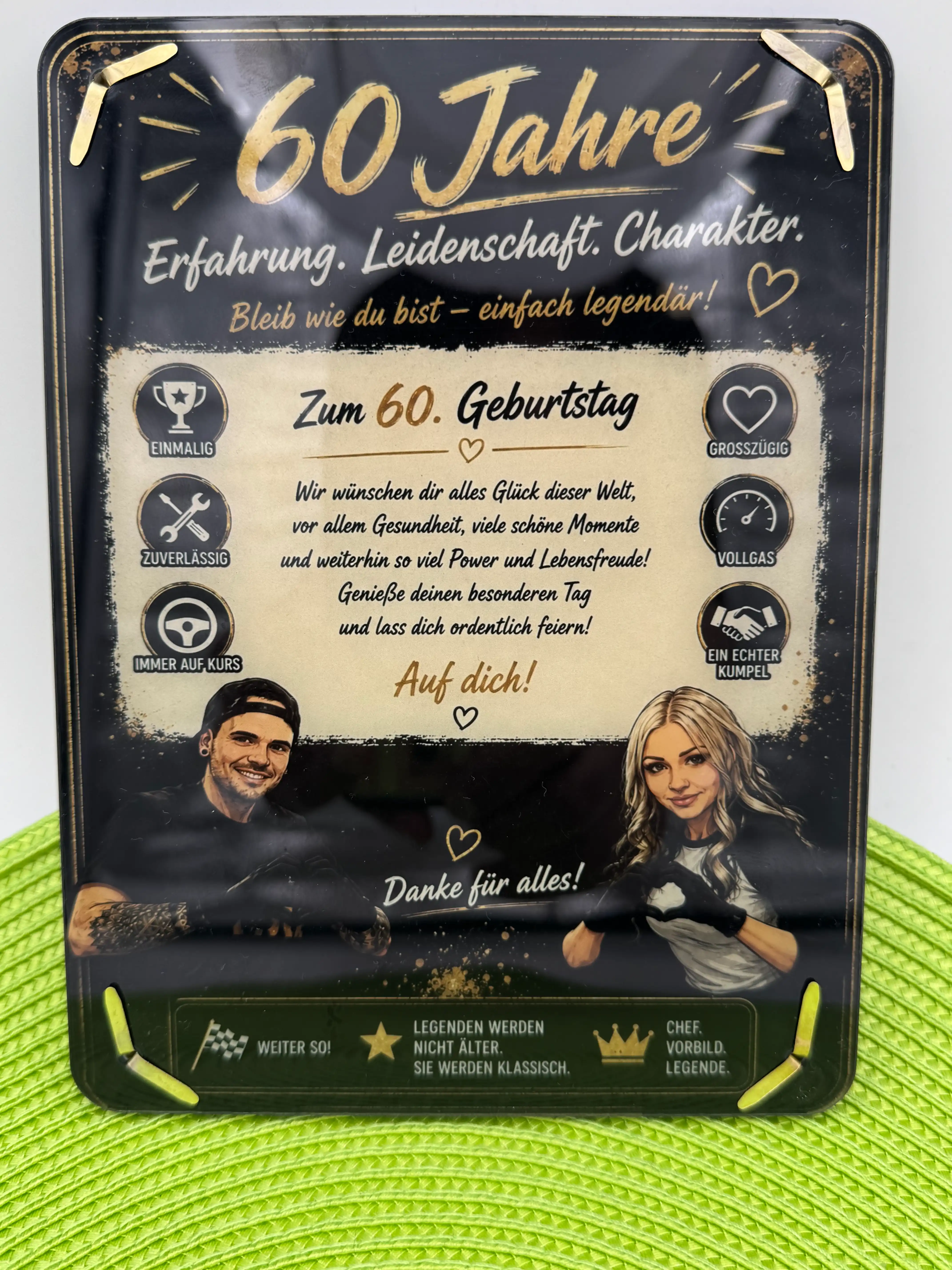 Farbig bedrucktes Metallschild zum 60. Geburtstag mit Sprüchen und Porträts
